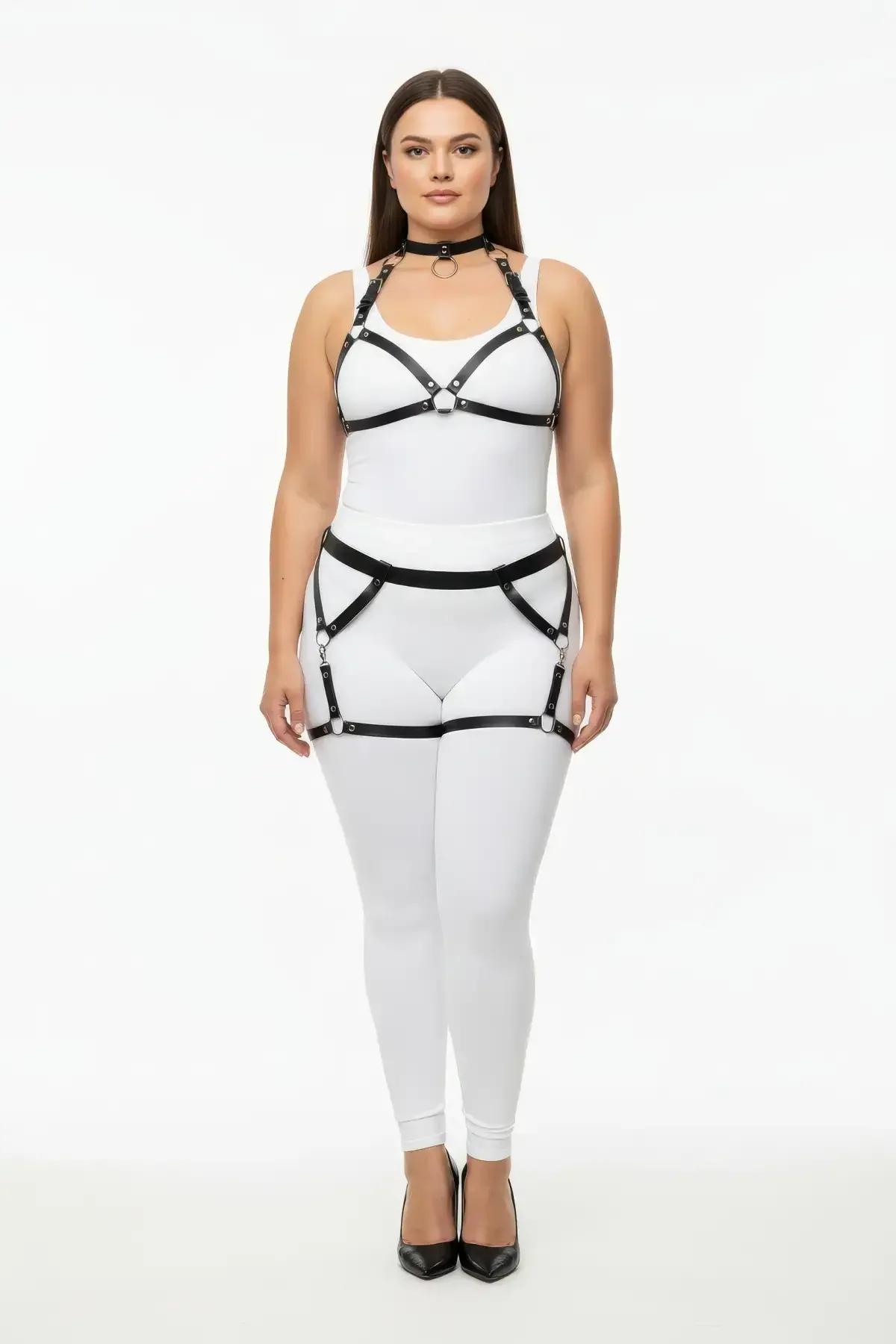 Black Caged Body Harness Set with Garter Thigh Straps