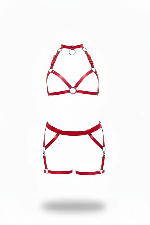 Red Faux Leather Halter Harness & Garter Shorts Set