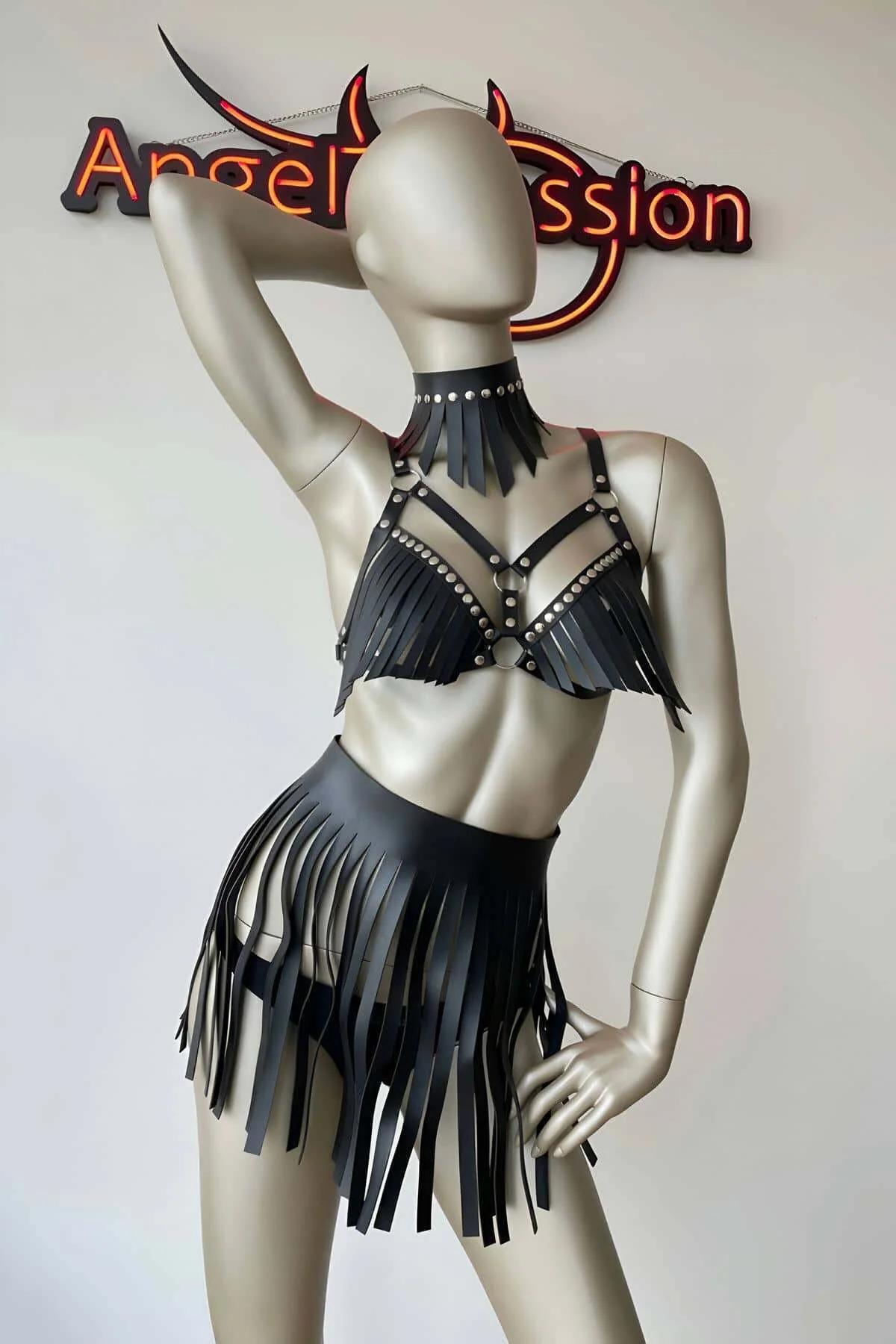 Fringe Faux Leather Bra, Choker & Skirt Harness Set