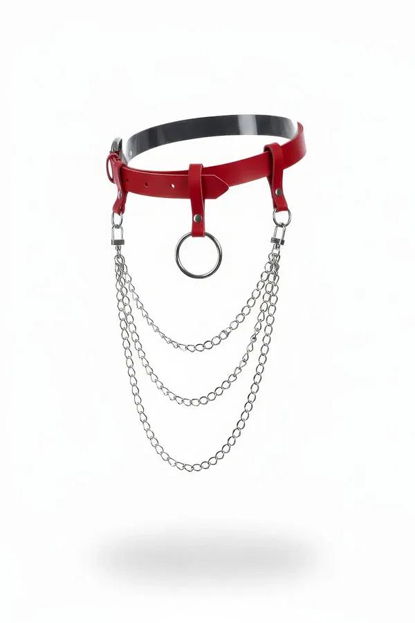 Red Faux Leather Waist Belt with Cascading Chains