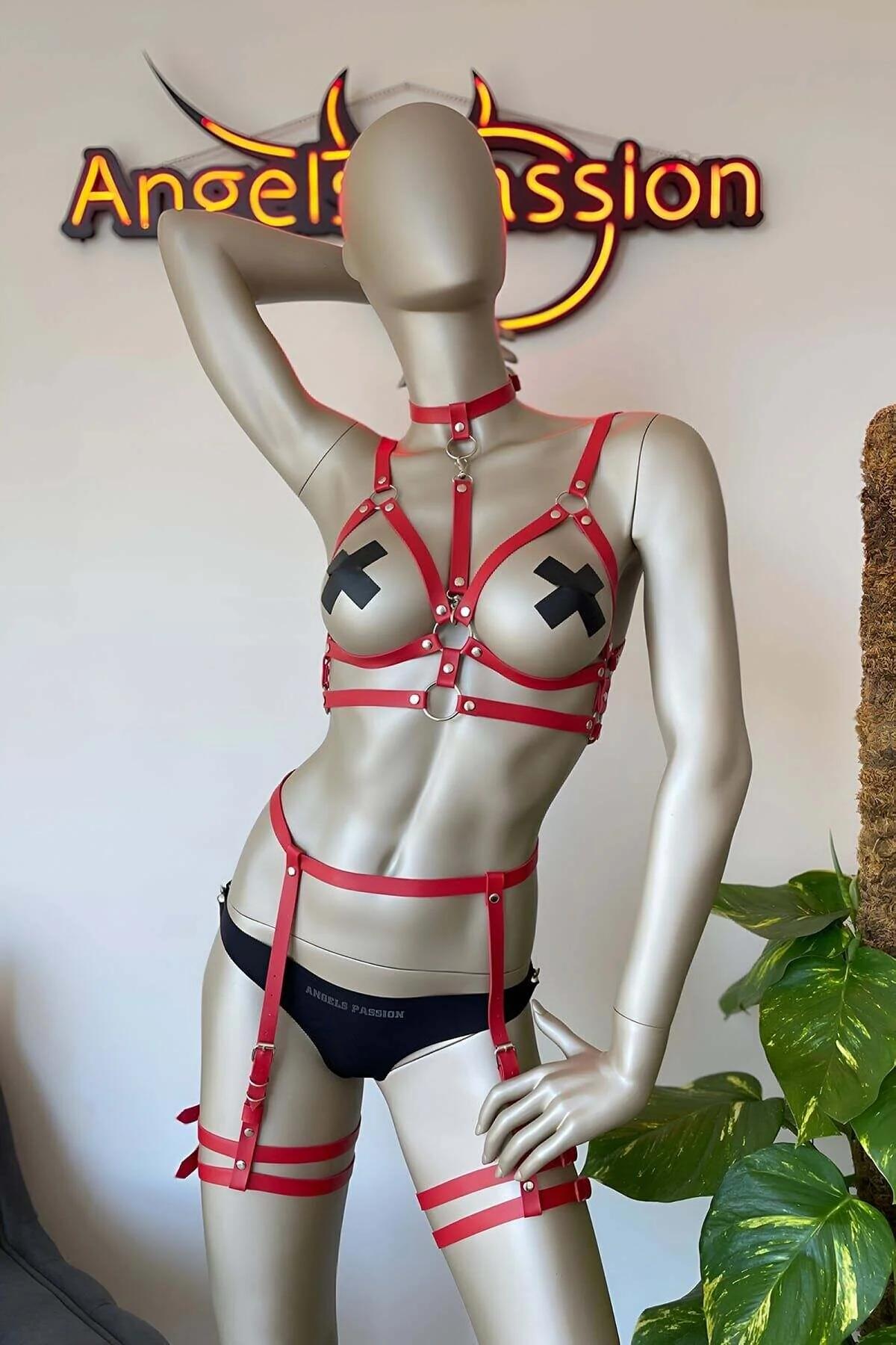 Red Faux Leather Body Harness Set with Garters & Choker
