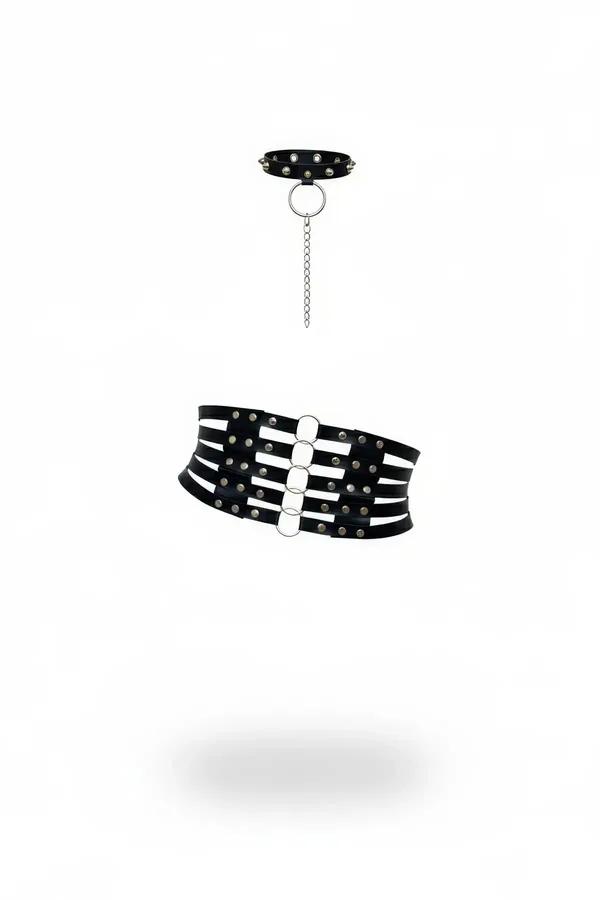 Studded Faux Leather Waspie Corset & Choker Set with Chain
