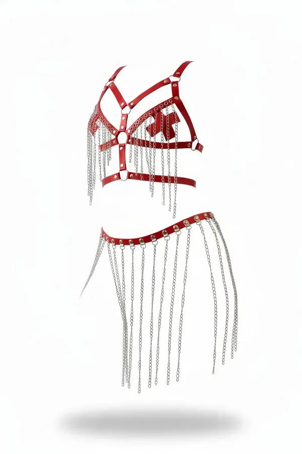 Red Faux Leather Chain Harness Bralette & Skirt