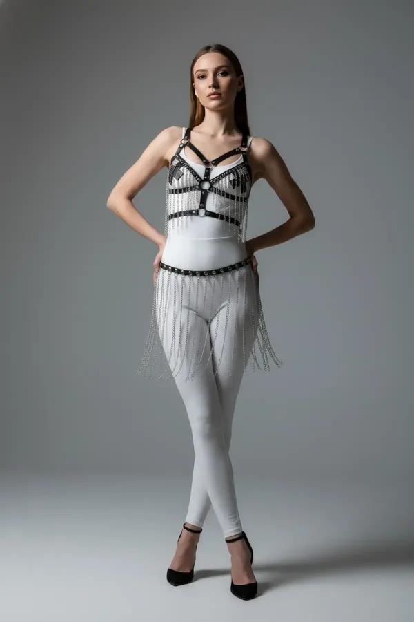 Faux Leather Chest Harness with Draped Chain Skirt
