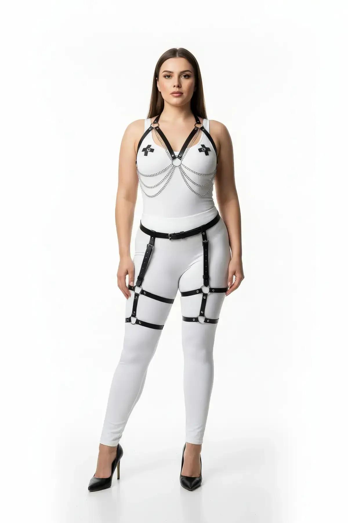 Black Vegan Leather Body Harness & Leg Garter Set with Chain