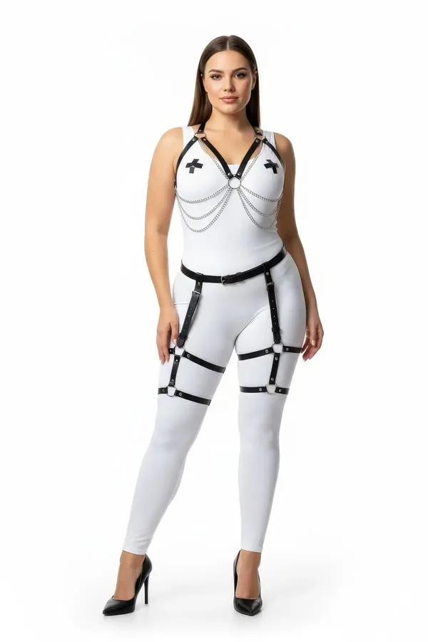 Black Vegan Leather Body Harness & Leg Garter Set with Chain