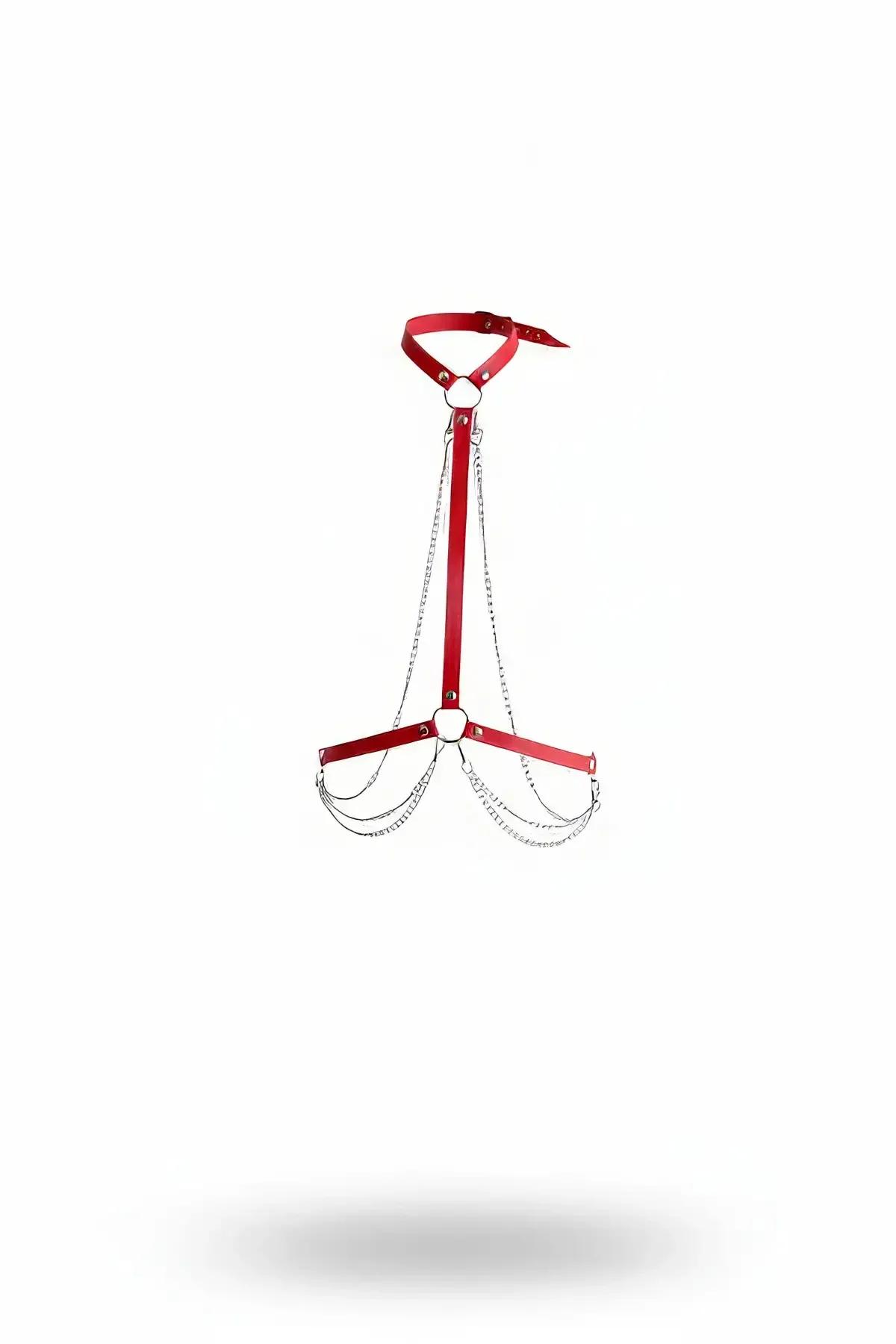 Red Faux Leather Underbust Harness with Draped Chains