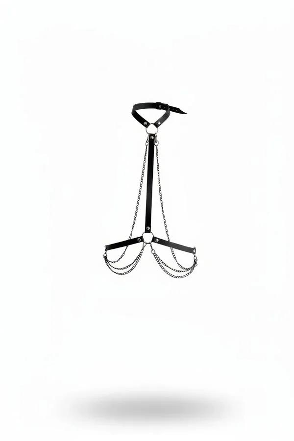 Faux Leather Chest Harness with Choker & Draped Chains