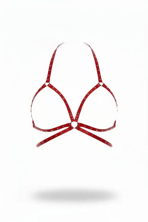 Red Riveted Cage Harness Bra with Halter Neck