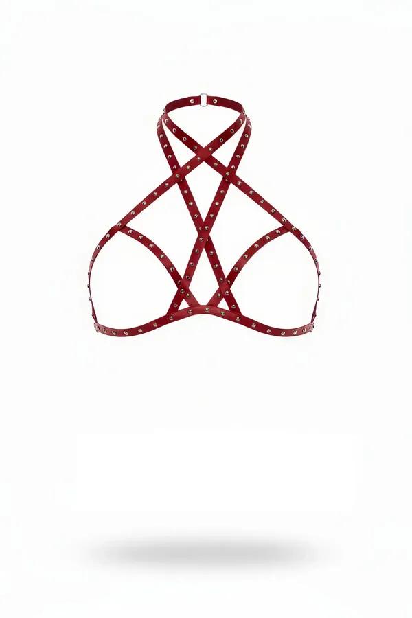 Studded Halter Neck Chest Harness in Cherry Red