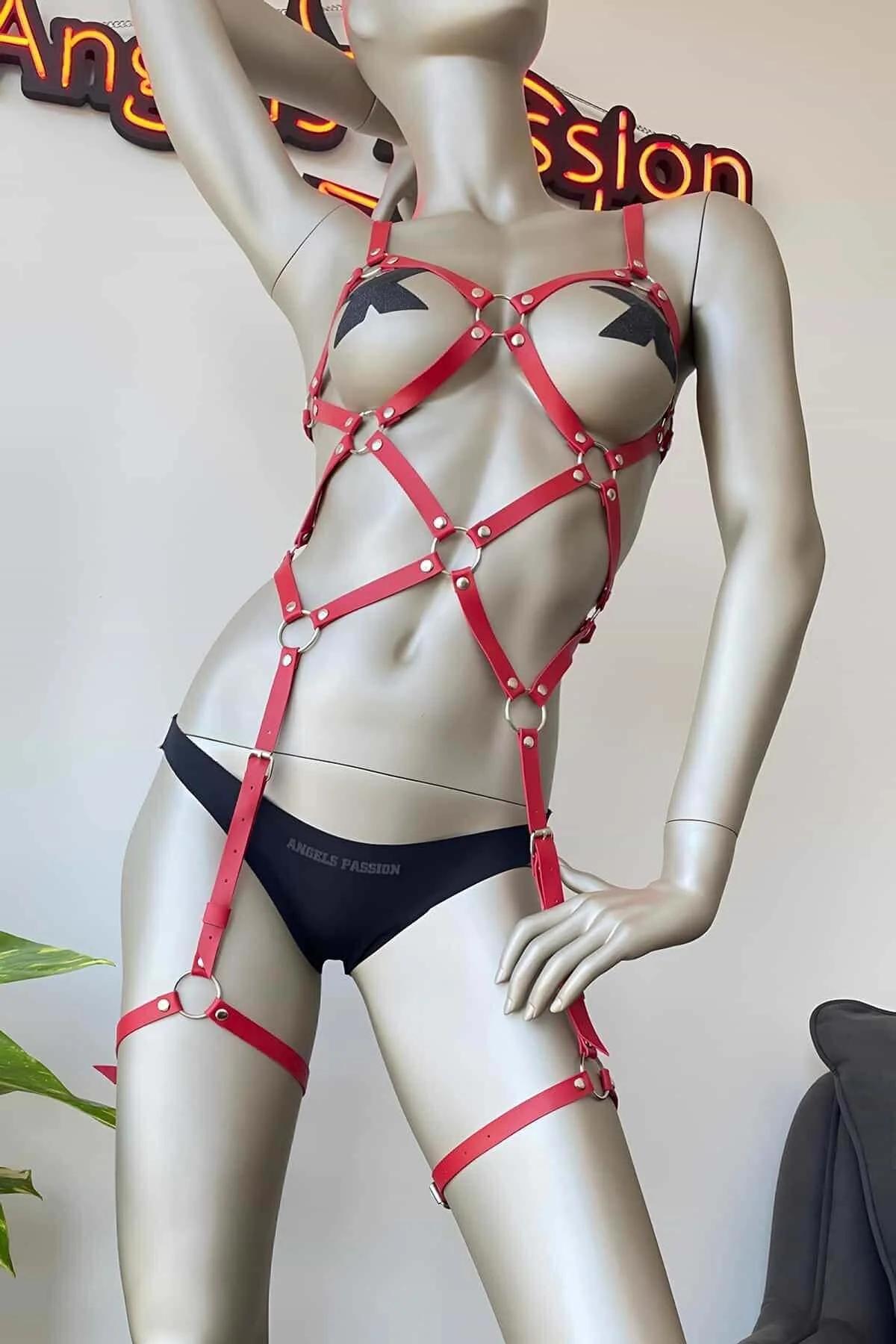 Red Caged Full Body Harness with O-Ring Details
