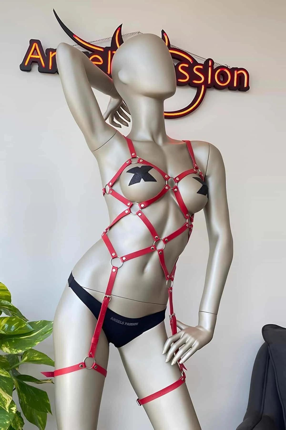 Red Caged Full Body Harness with O-Ring Details