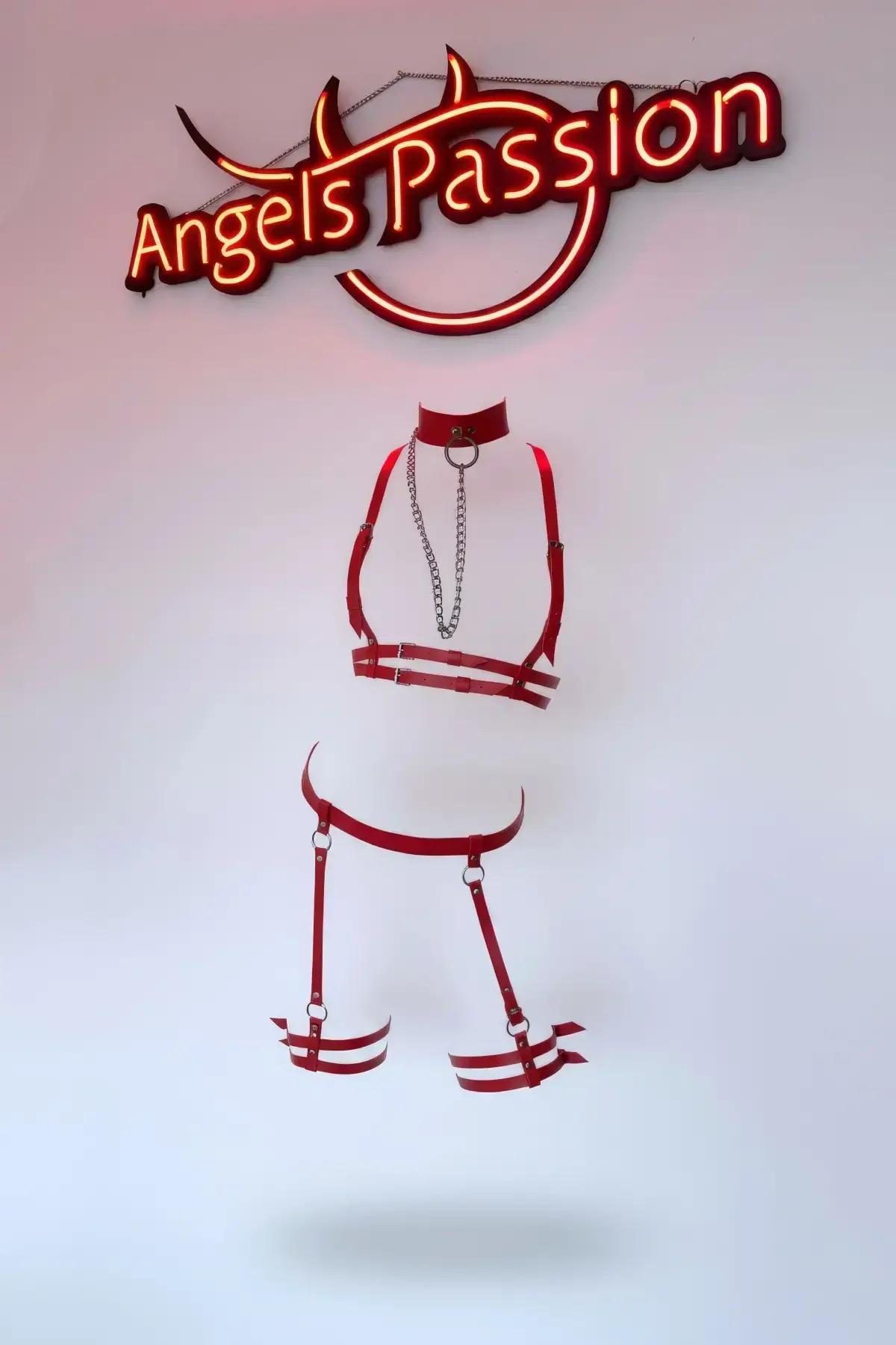 Red Faux Leather Body Harness with Chain & Garters