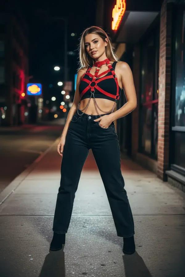 Red Caged Chest Harness with Choker and Waist Chains