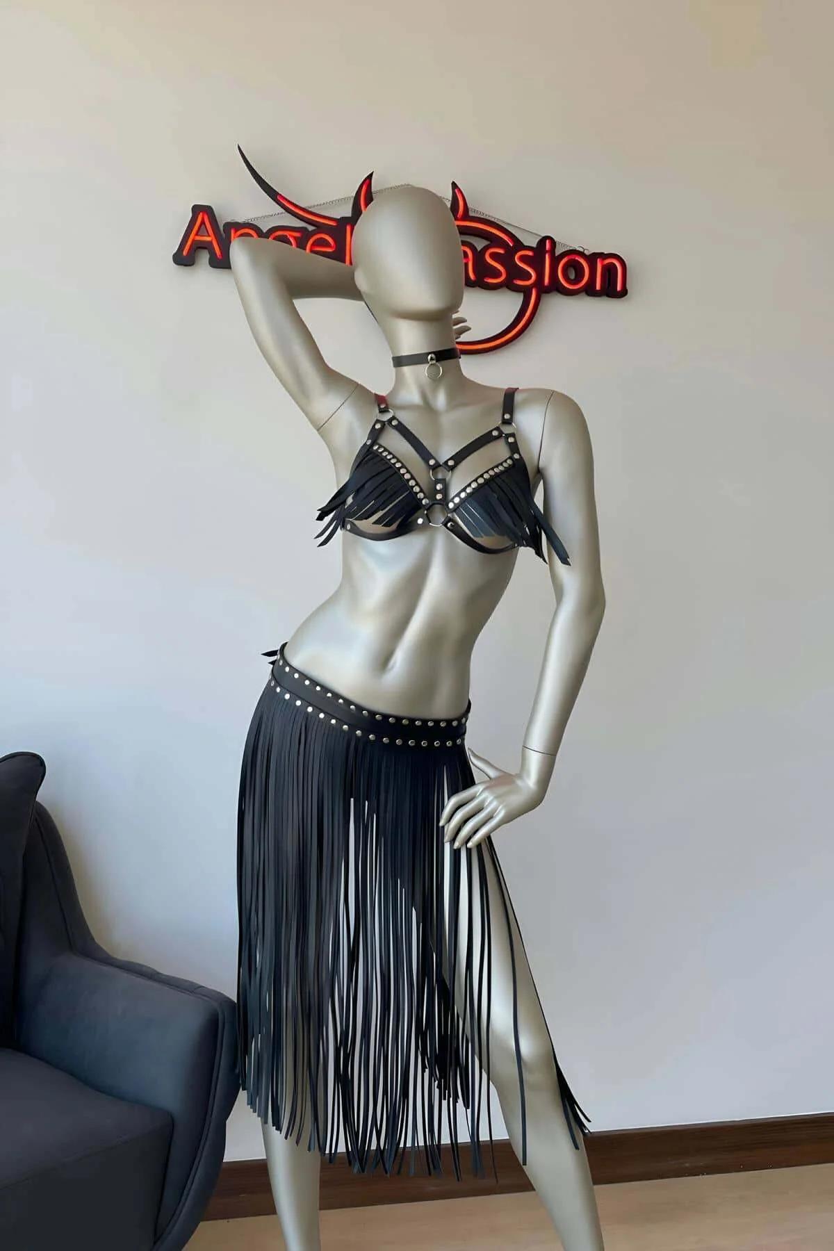 Fringe Harness Bra & Studded Waist Skirt Set