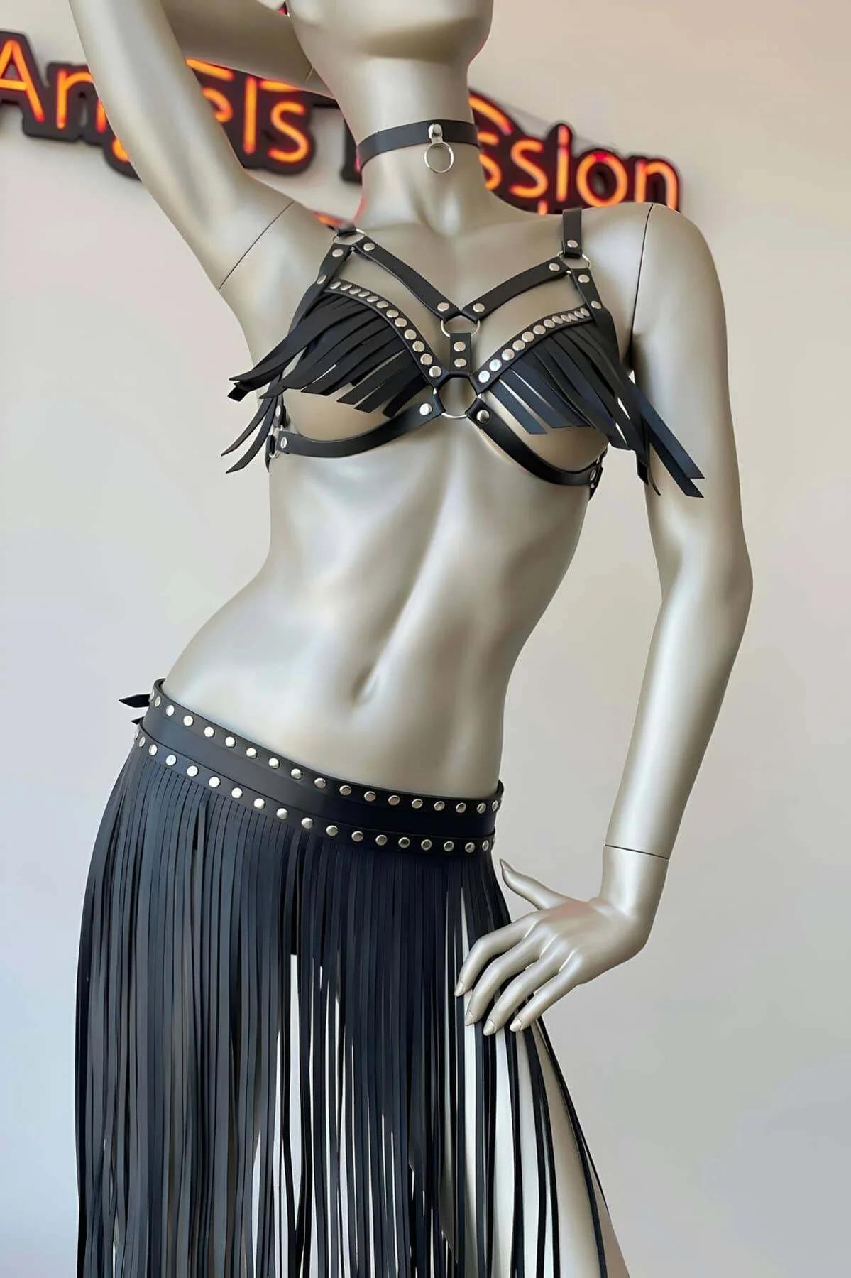 Fringe Harness Bra & Studded Waist Skirt Set