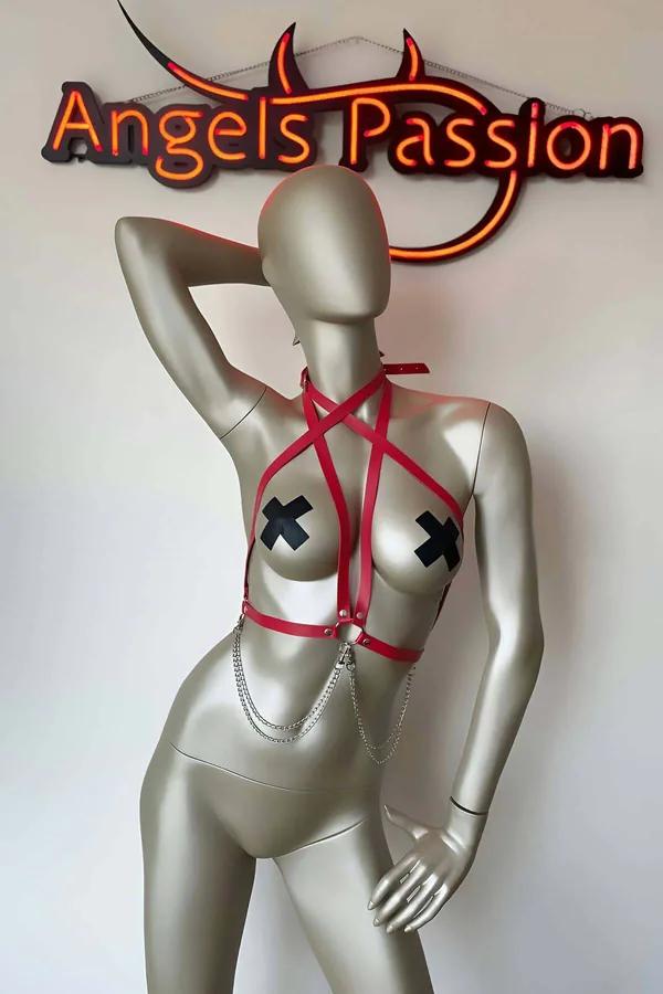 Red Strappy Body Harness with Chain Detail