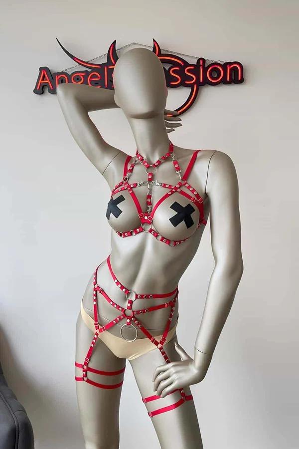 Red Body Harness Set with Silver Rings & Garter Straps