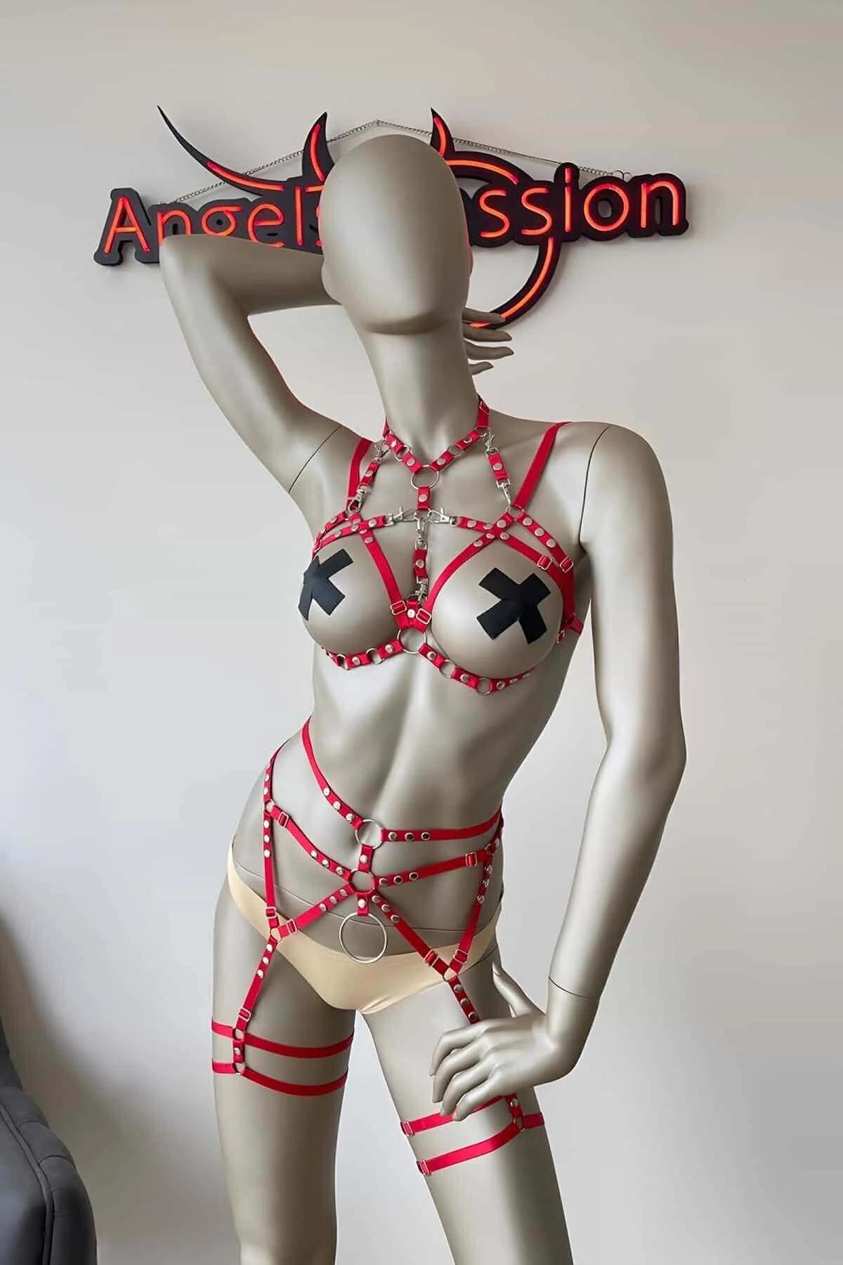 Red Body Harness Set with Silver Rings & Garter Straps