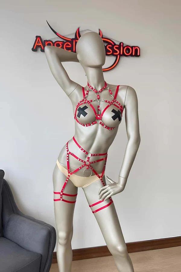 Red Body Harness Set with Silver Rings & Garter Straps
