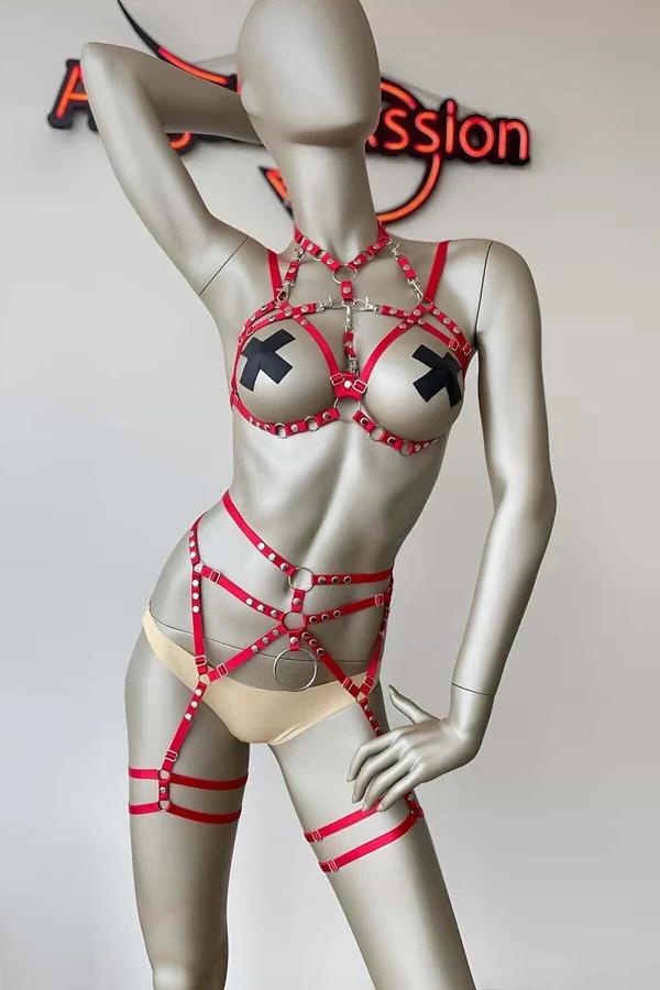Red Body Harness Set with Silver Rings & Garter Straps