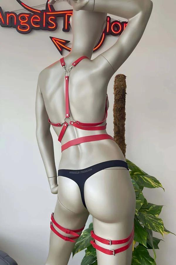 Red Faux Leather Full Body Harness with Star Chest Detail