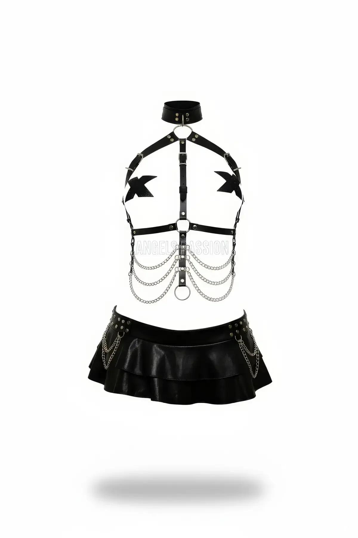 Black Faux Leather Choker, Harness, and Tiered Skirt Set