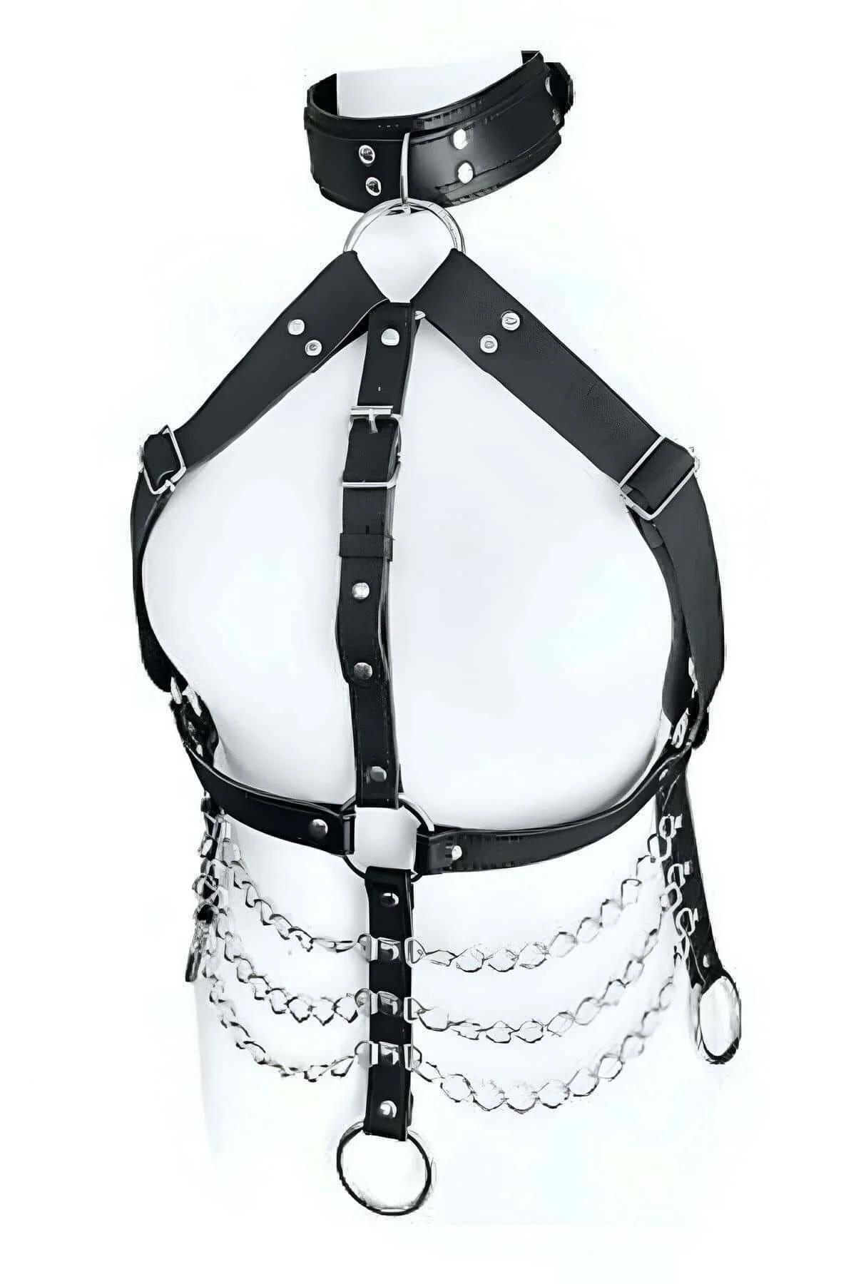 Faux Leather Chest Harness with Adjustable Straps & Chains