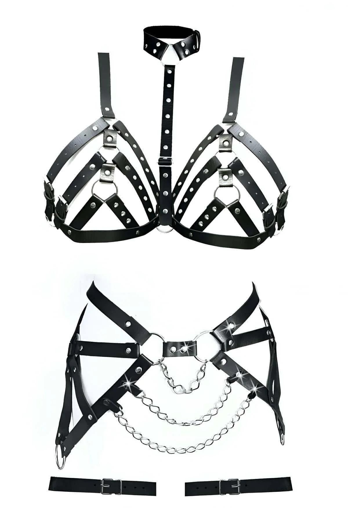 Studded Faux Leather Body Harness & Garters Set