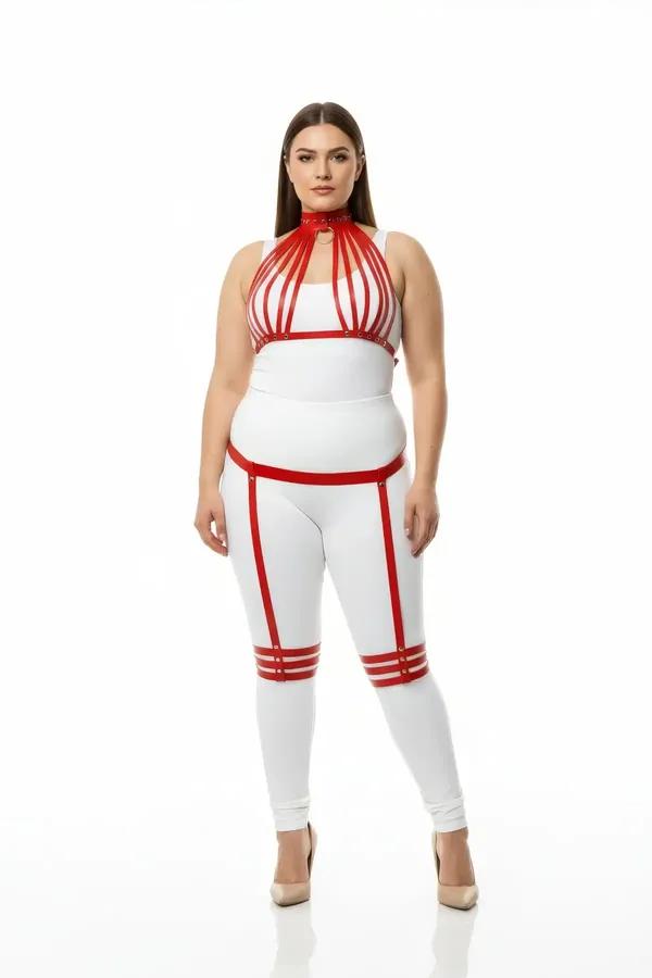 Red Faux Leather Multistrap Harness Set with Garters