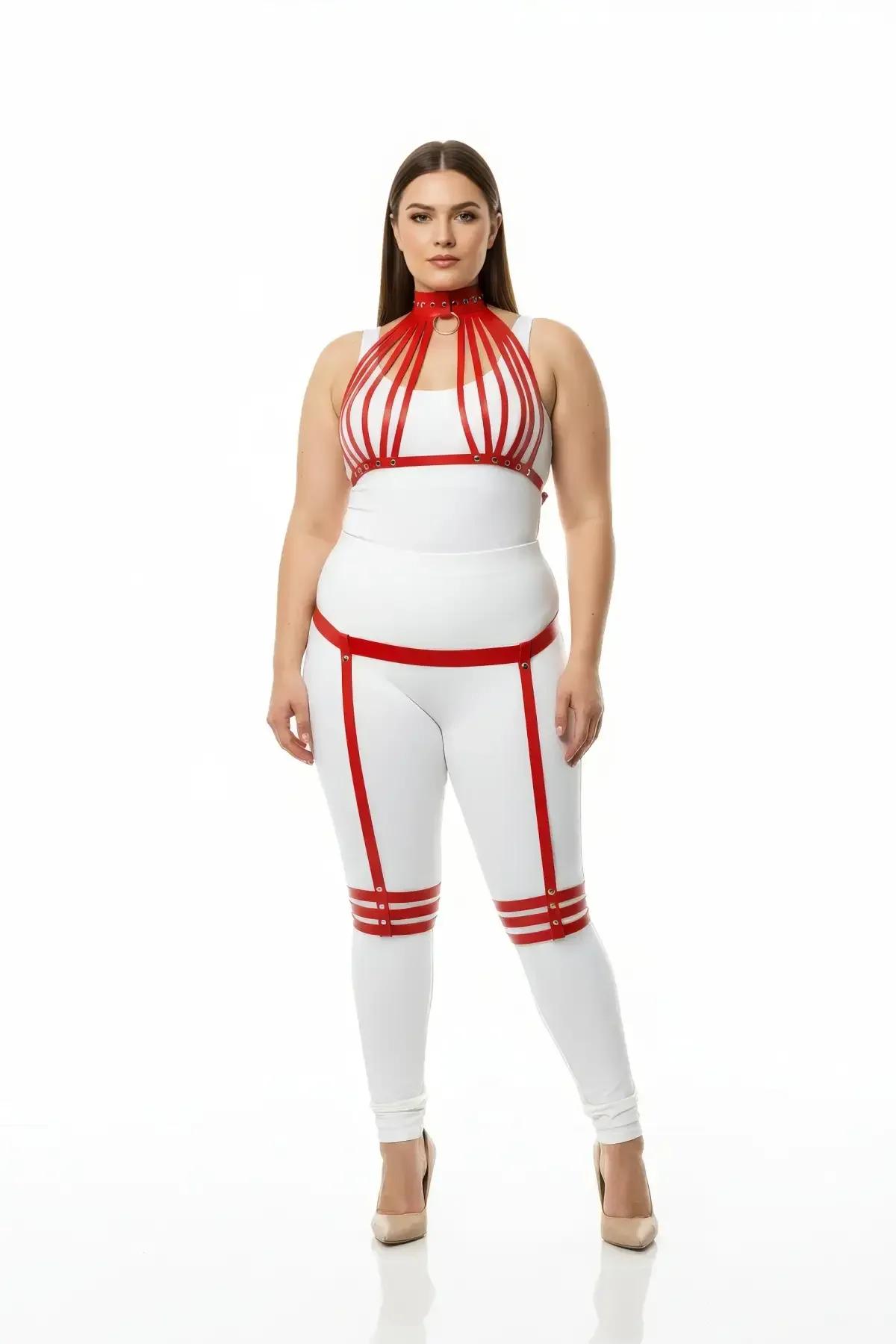 Red Faux Leather Multistrap Harness Set with Garters