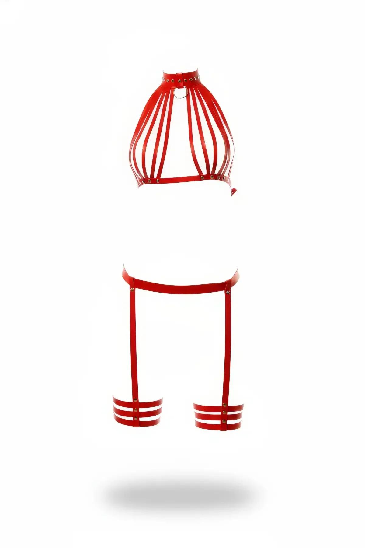 Red Caged Harness Bra and Garter Leg Set
