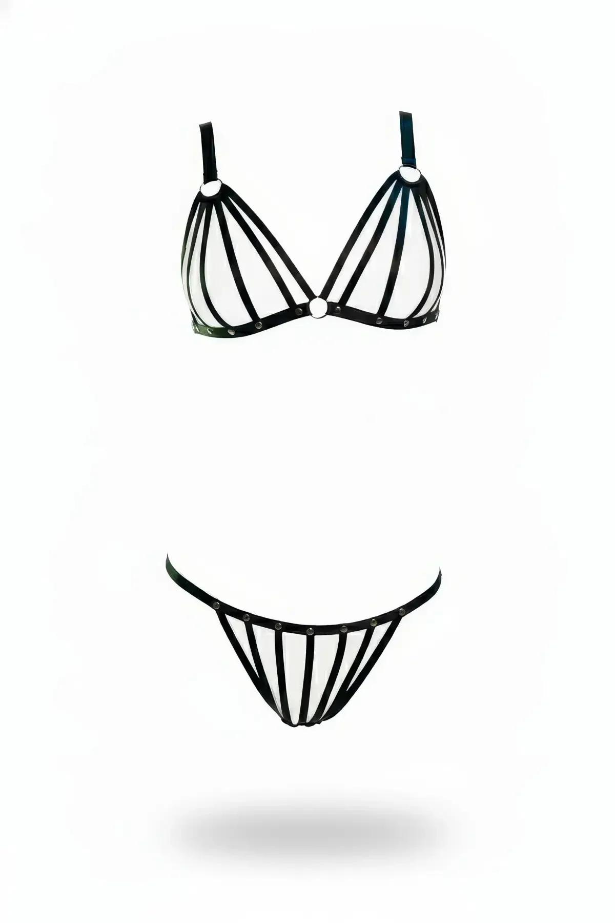 Caged Harness Bra & Thong Set with O-Ring Details