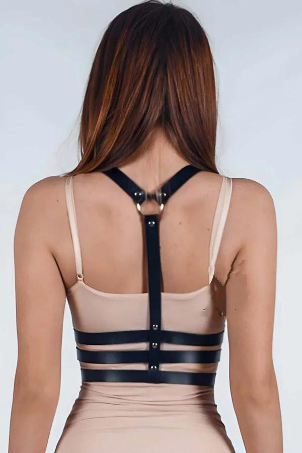 Adjustable Black Faux Leather Chest Harness