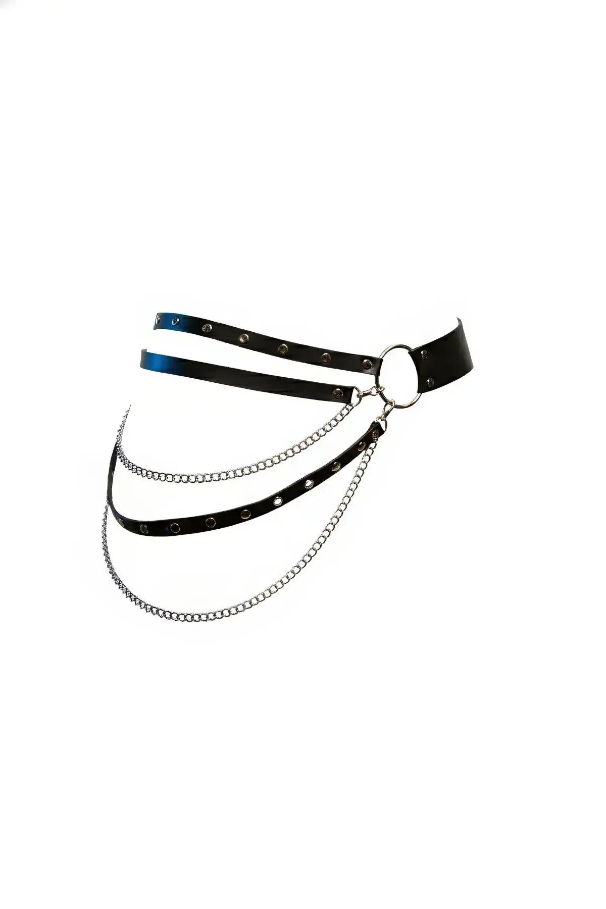 Faux Leather Waist Harness with Triple Chain Detail