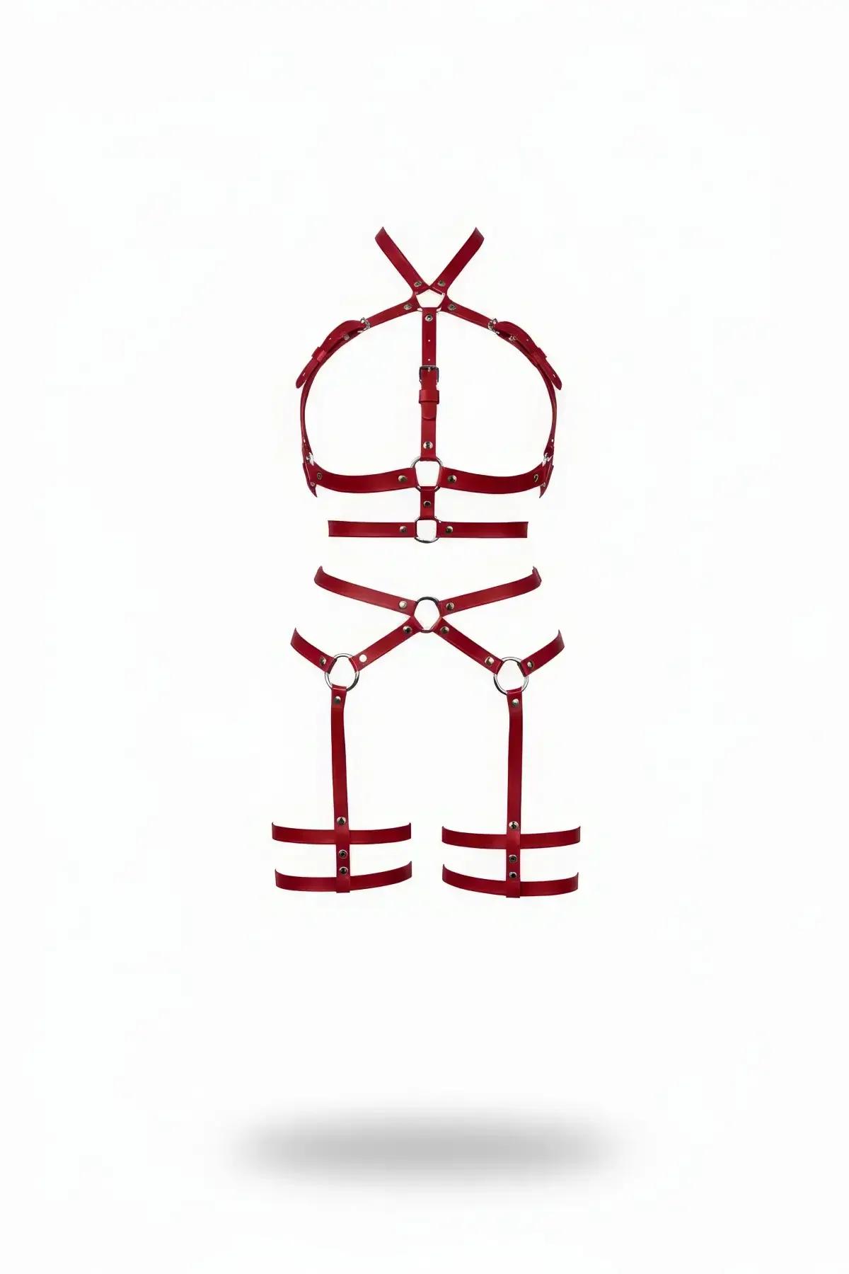 Red Faux Leather Full Body Harness with O-Rings