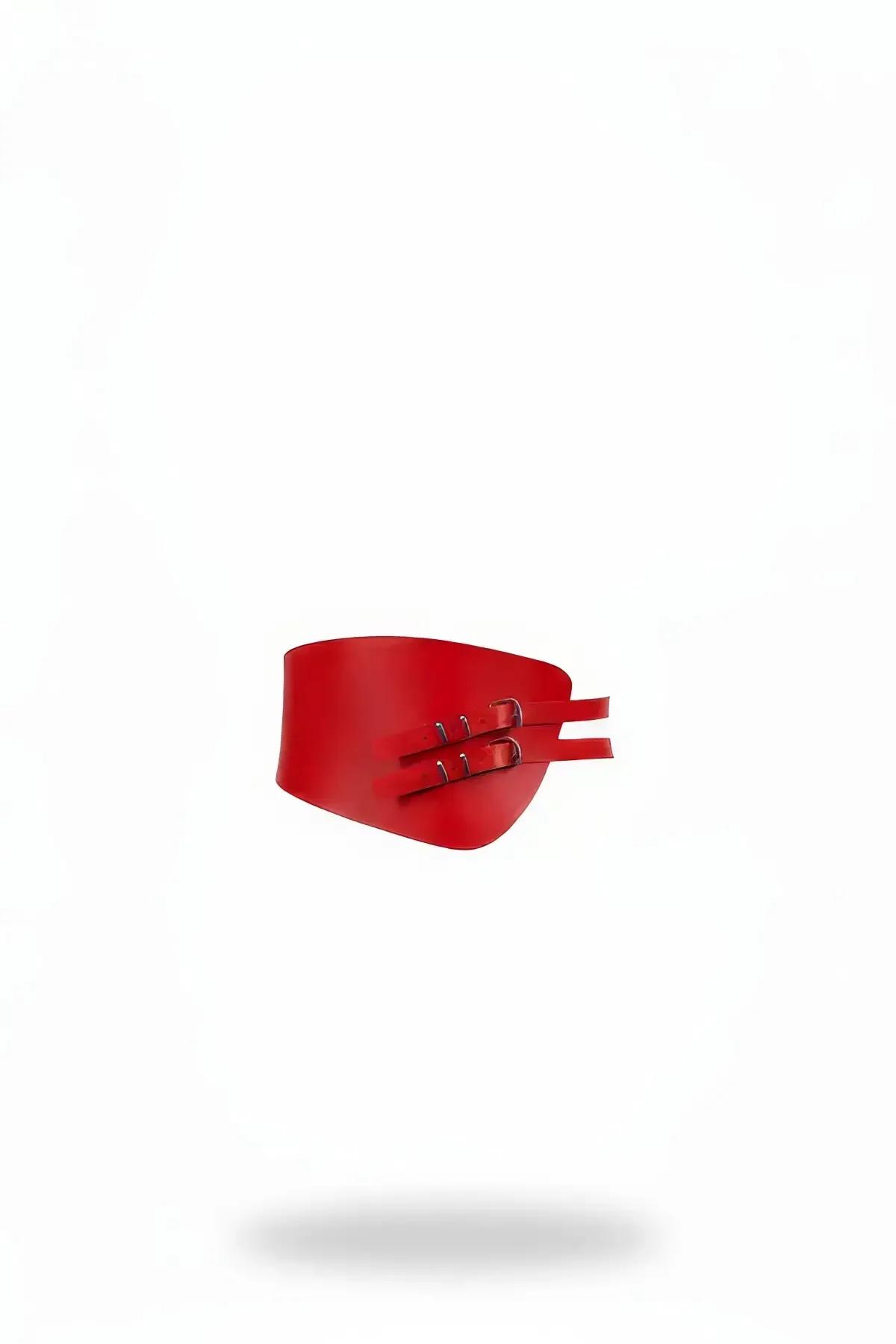 Red Vegan Leather Wide Waist Cinch Harness Belt