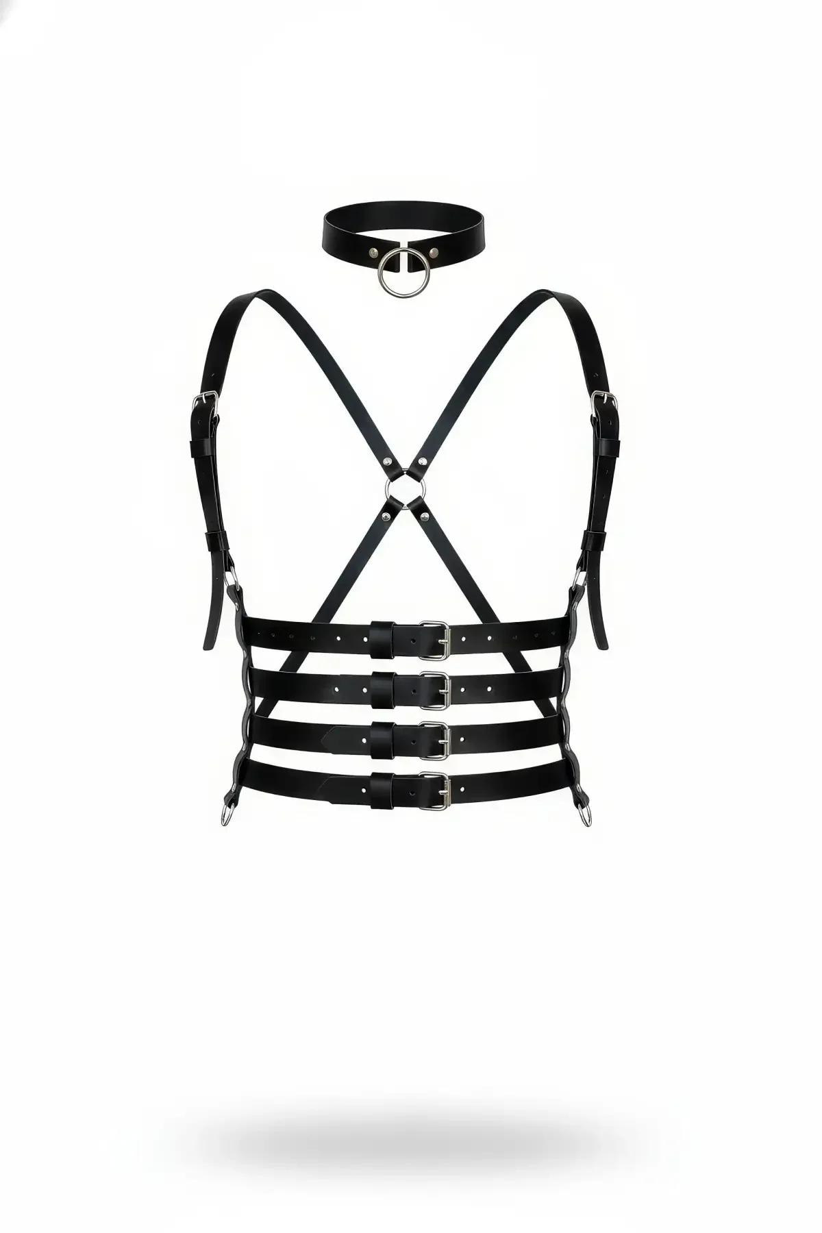 Multi-Strap Buckled Chest Harness with Matching O-Ring Choker