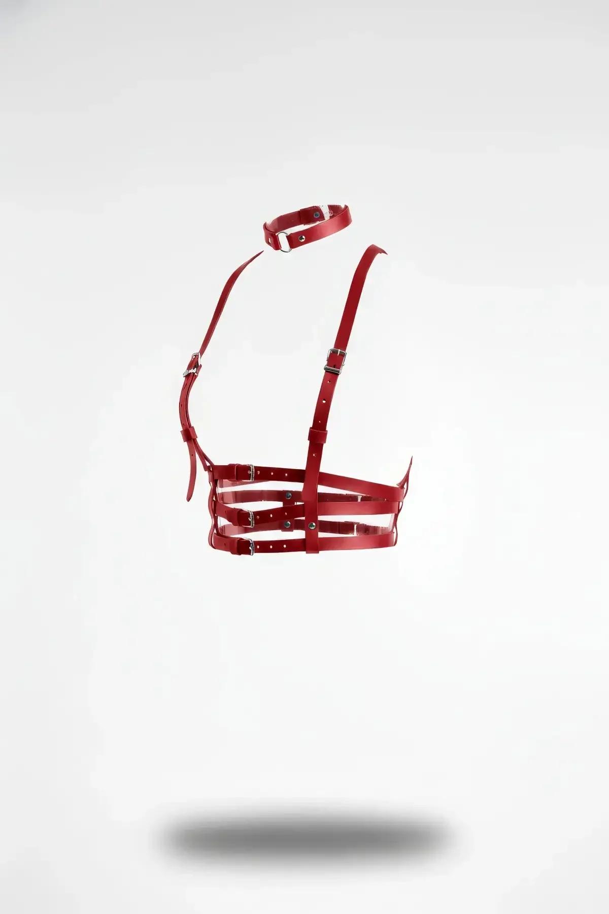 Red Faux Leather Multi-Strap Underbust Harness with Choker