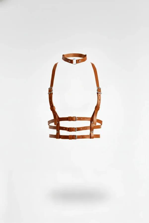 Tan Faux Leather Chest Harness with Choker & Straps
