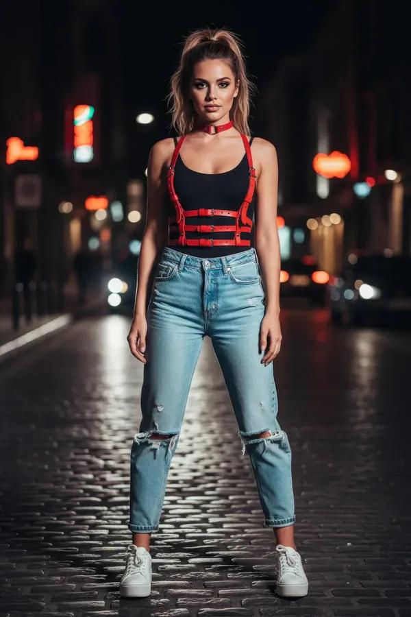 Red Faux Leather Multi-Strap Chest Harness & Choker Set