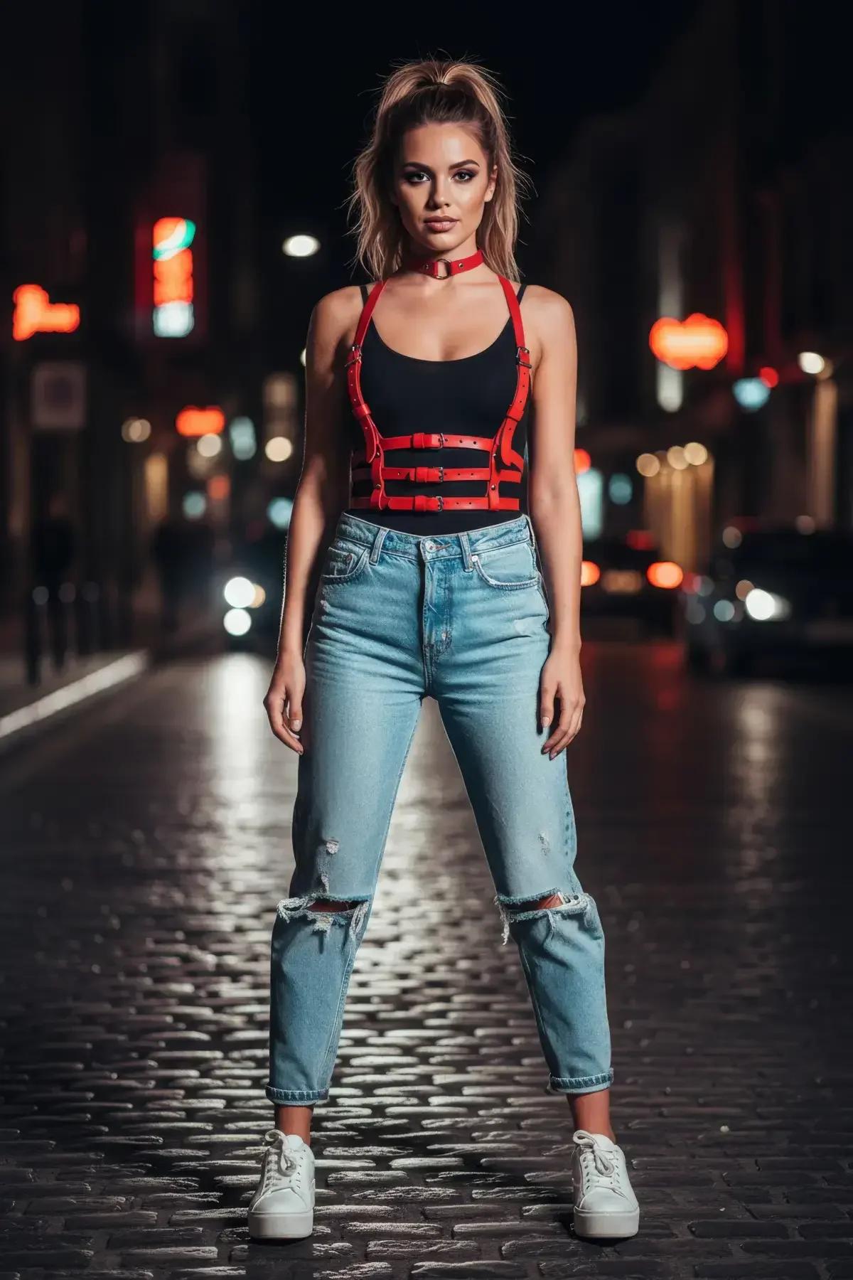 Red Faux Leather Multi-Strap Chest Harness & Choker Set