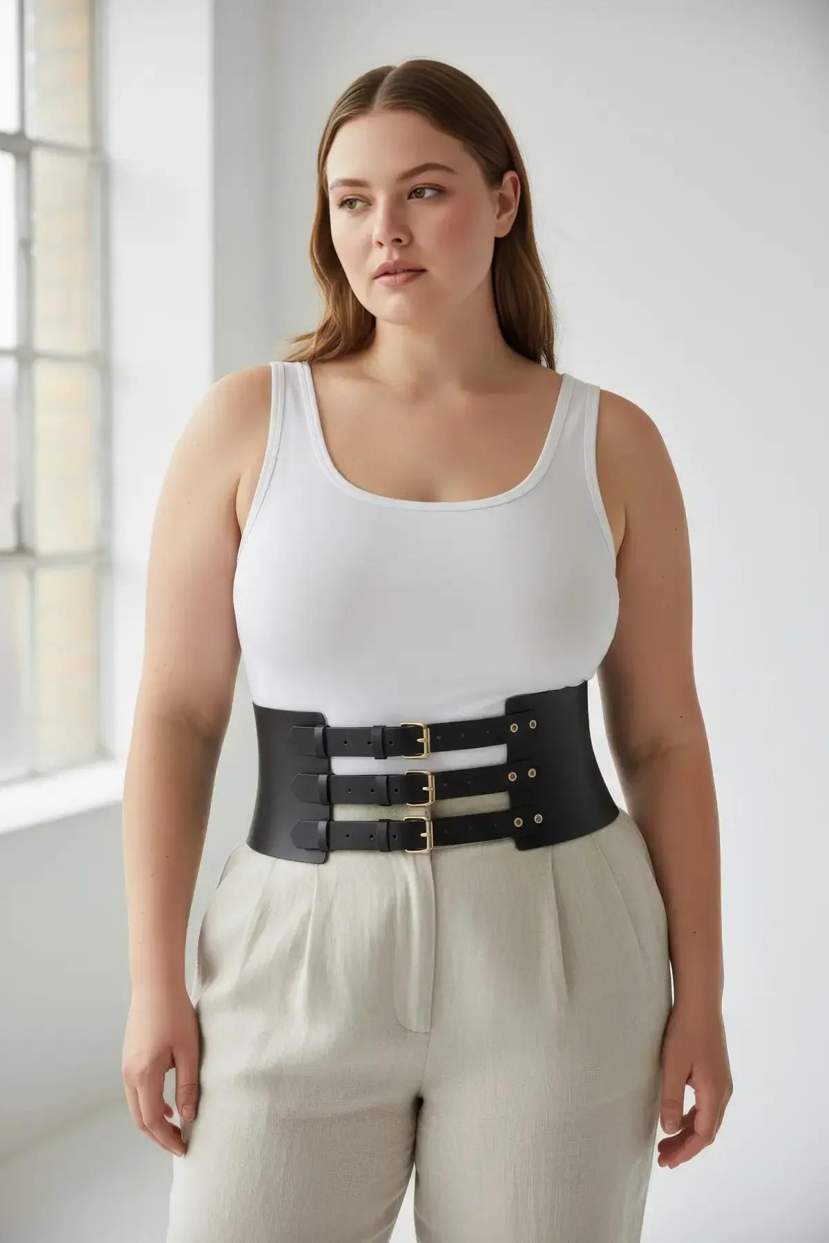 Wide Faux Leather Waist Harness with Triple Buckle