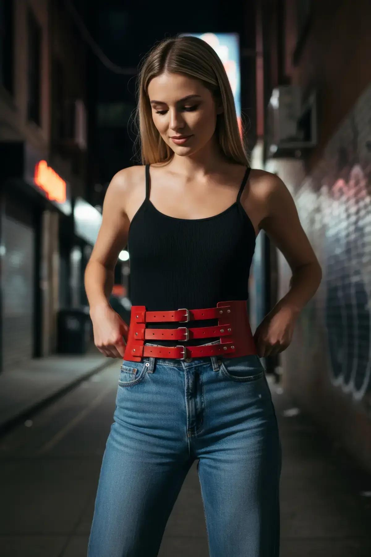 Wide Faux Leather Triple Buckle Waist Belt