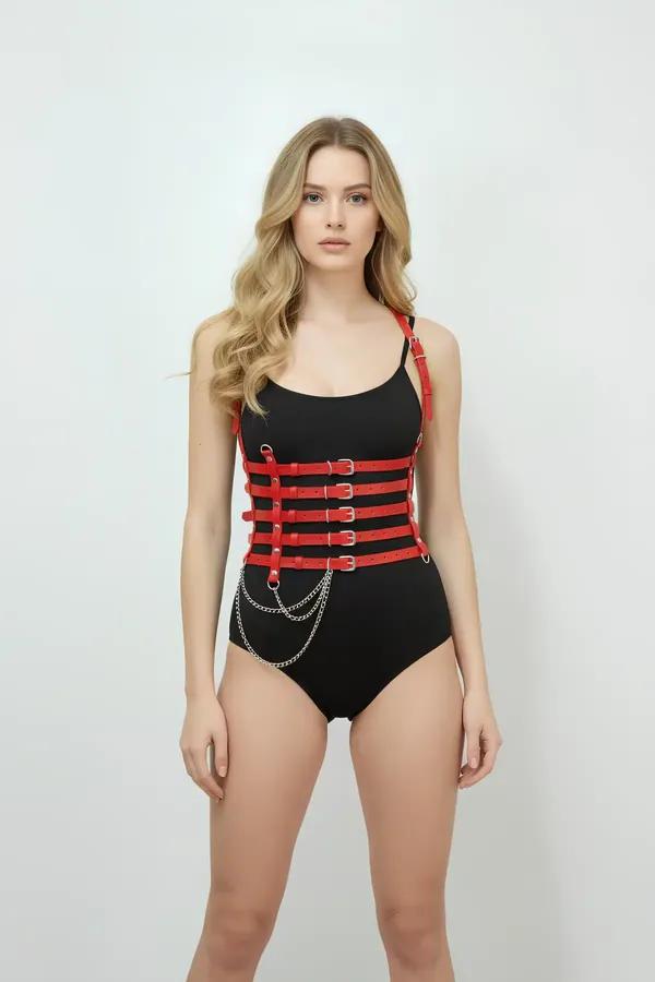 Red Faux Leather Corset Harness with Draped Chain