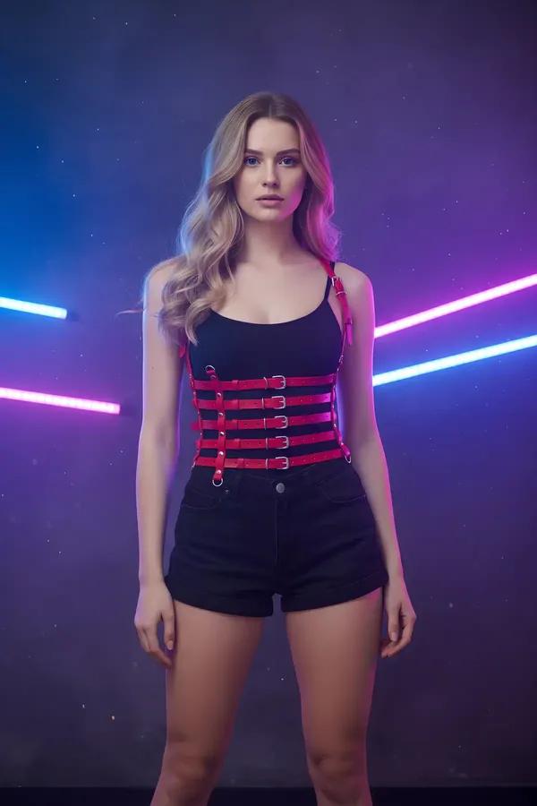 Red Faux Leather Corset Harness with Draped Chain