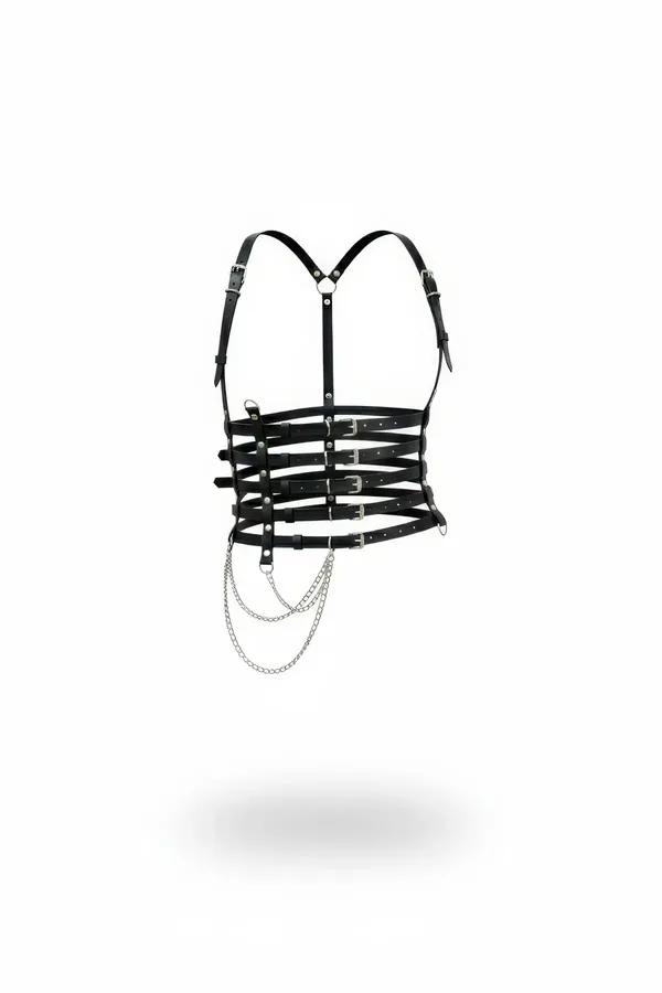 Multi-Strap Faux Leather Body Harness with Draped Chains