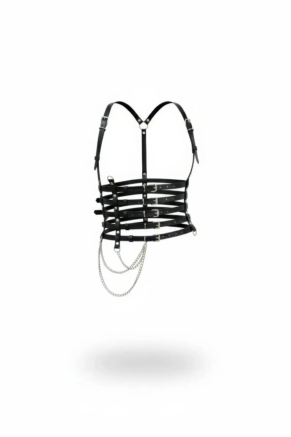 Multi-Strap Faux Leather Body Harness with Draped Chains