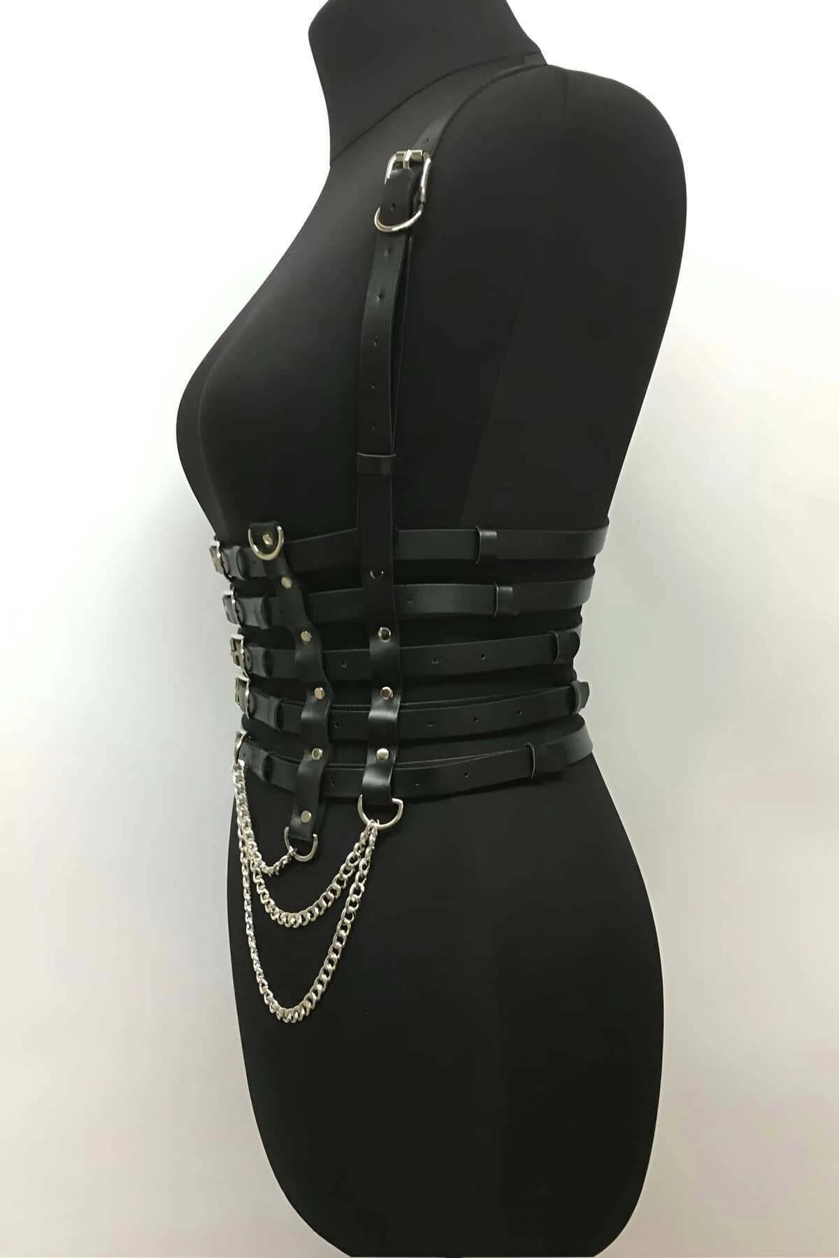 Faux Leather Corset Harness with Buckled Straps and Chain