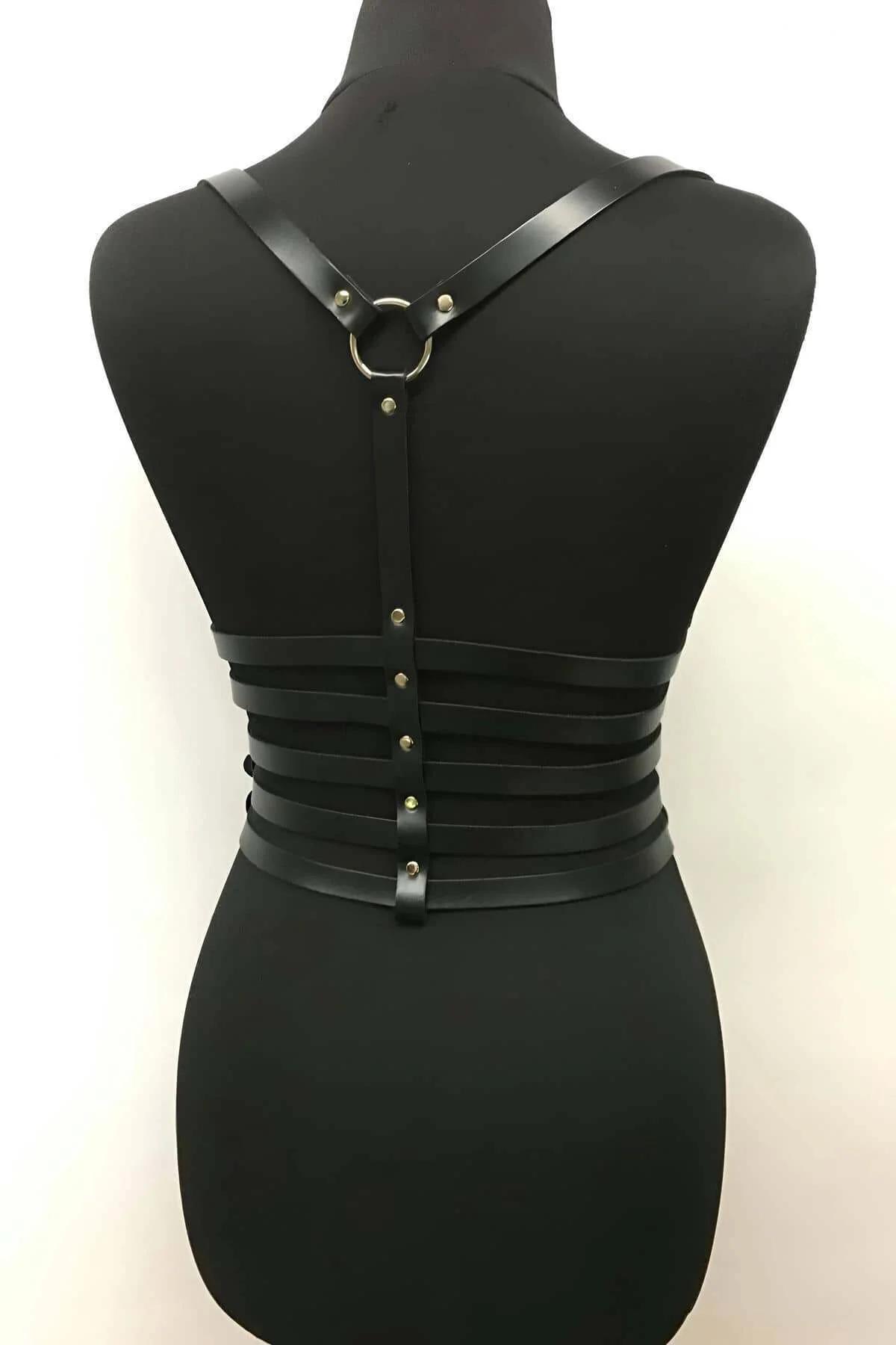 Faux Leather Corset Harness with Buckled Straps and Chain
